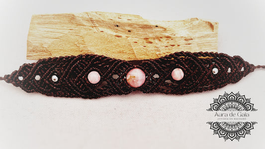 Pulsera en Macramé con Rodocrosita Natural - Macrame Bracelet with Natural Rhodochrosite