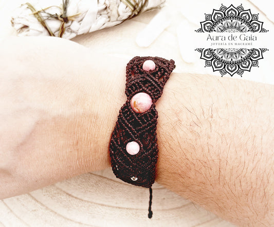 Pulsera en Macramé con Rodocrosita Natural - Macrame Bracelet with Natural Rhodochrosite